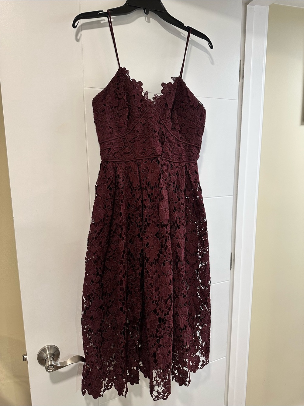 Donna Morgan Burgundy Lace A-Line Spaghetti Strap Dress